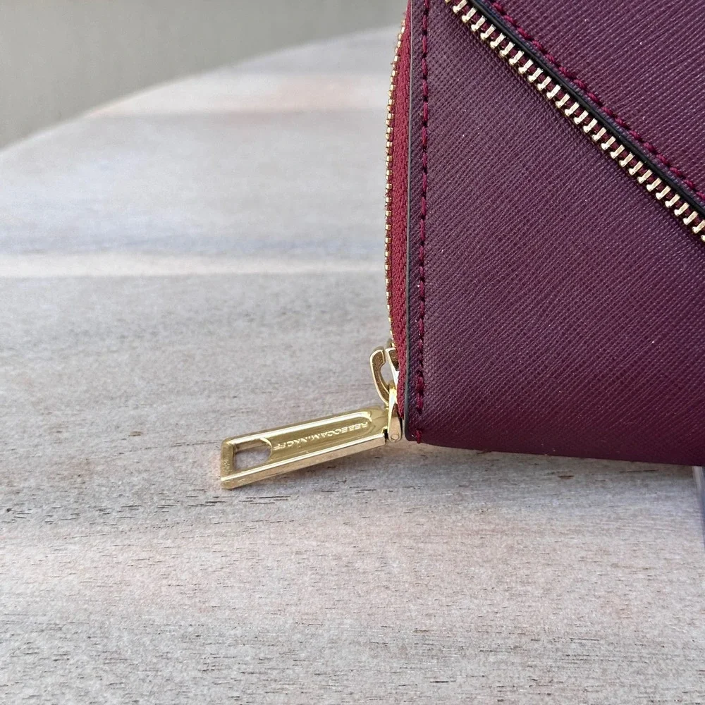 Rebecca Minkoff Molly Metro Zip Around Wristlet Wallet Port Wine Red Saffiano